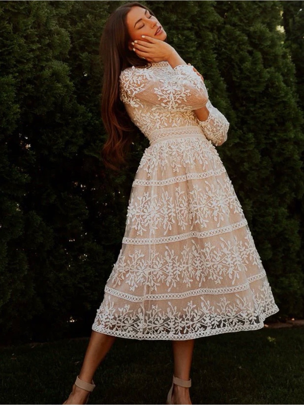 City Chic Beige Midi Dress with White Lace Overlay